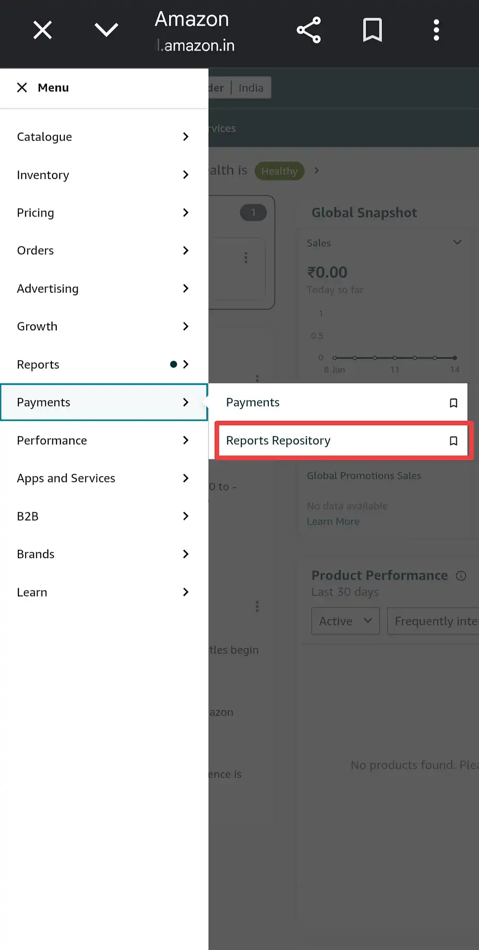 Amazon Payments sub-menu with Reports Repository option highlighted