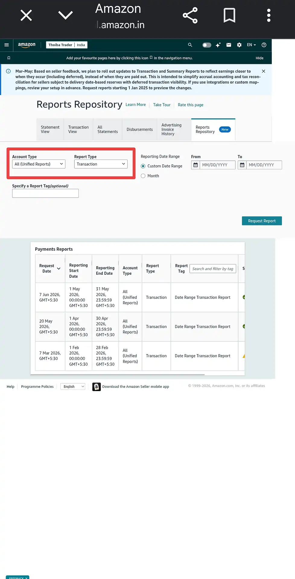Amazon Reports Repository page with Account Type and Report Type already set to defaults — only the date range needs to be filled in