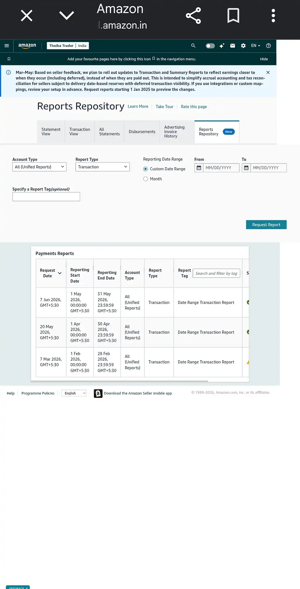 Amazon Reports Repository showing the Request Report button and the completed Date Range Transaction Report in the download list