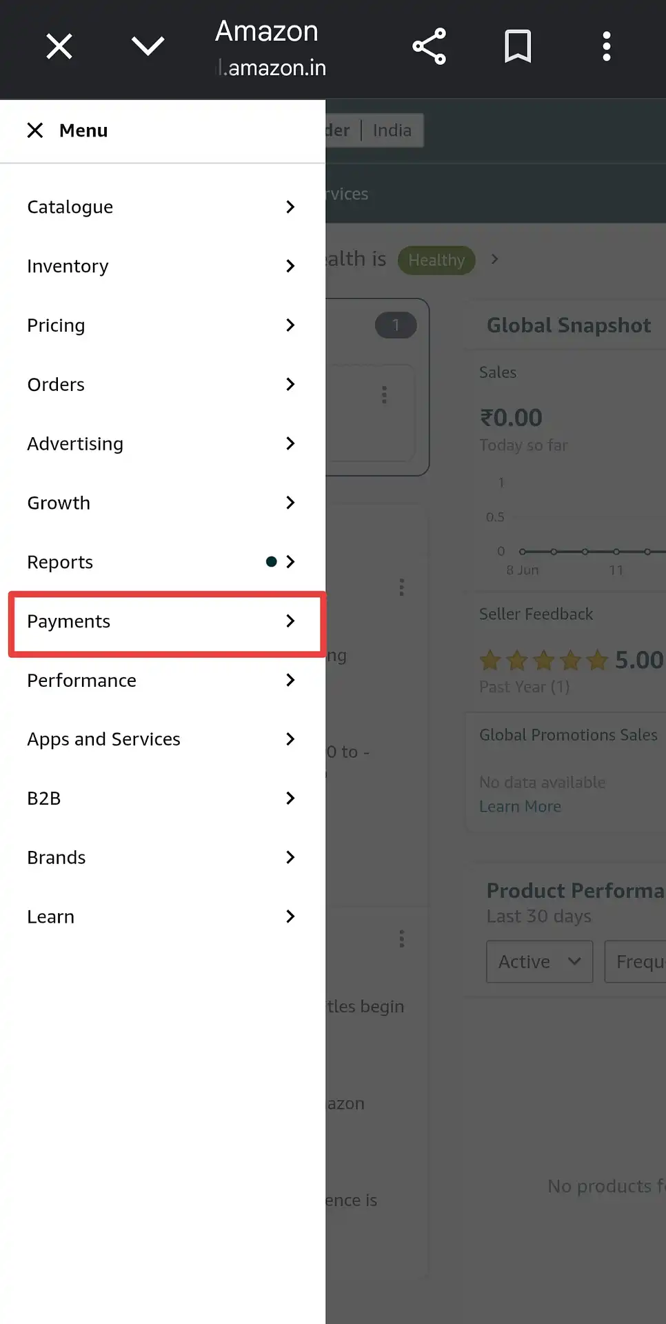 Amazon Seller Central menu sidebar with Payments option highlighted