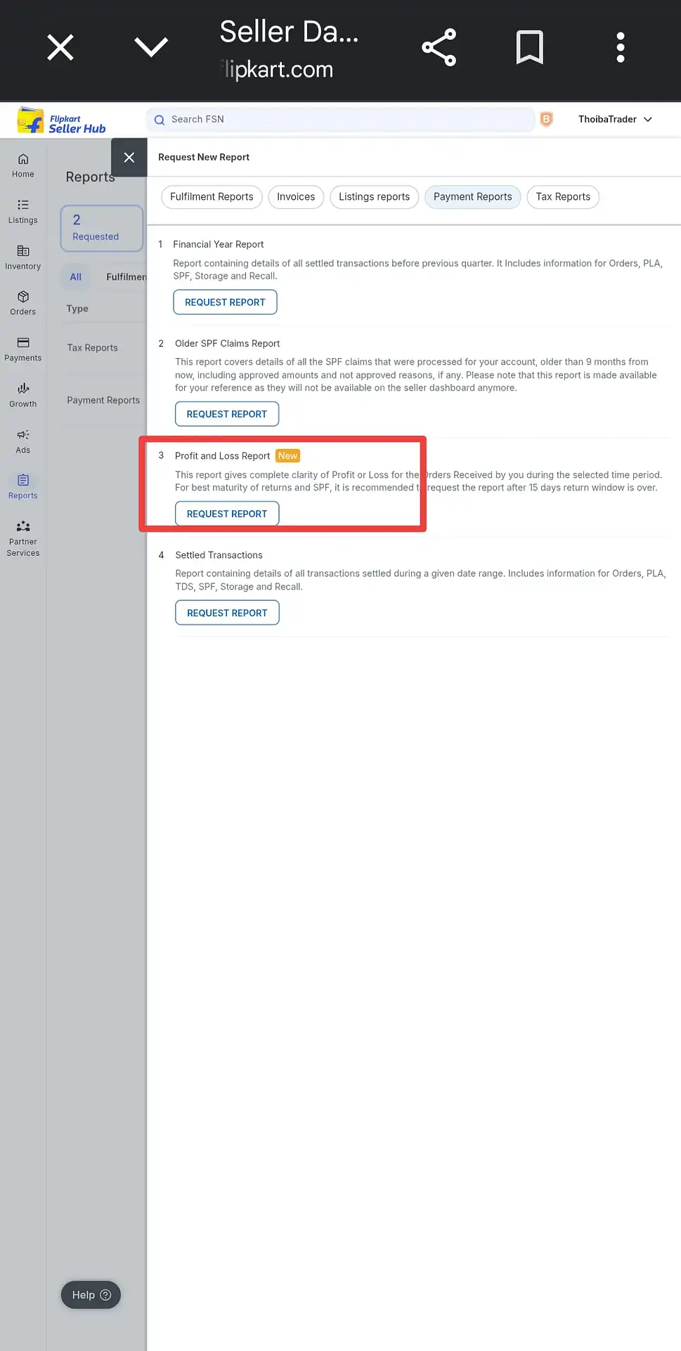 Flipkart Payment Reports list showing the Profit and Loss Report option highlighted with a New badge and its Request Report button