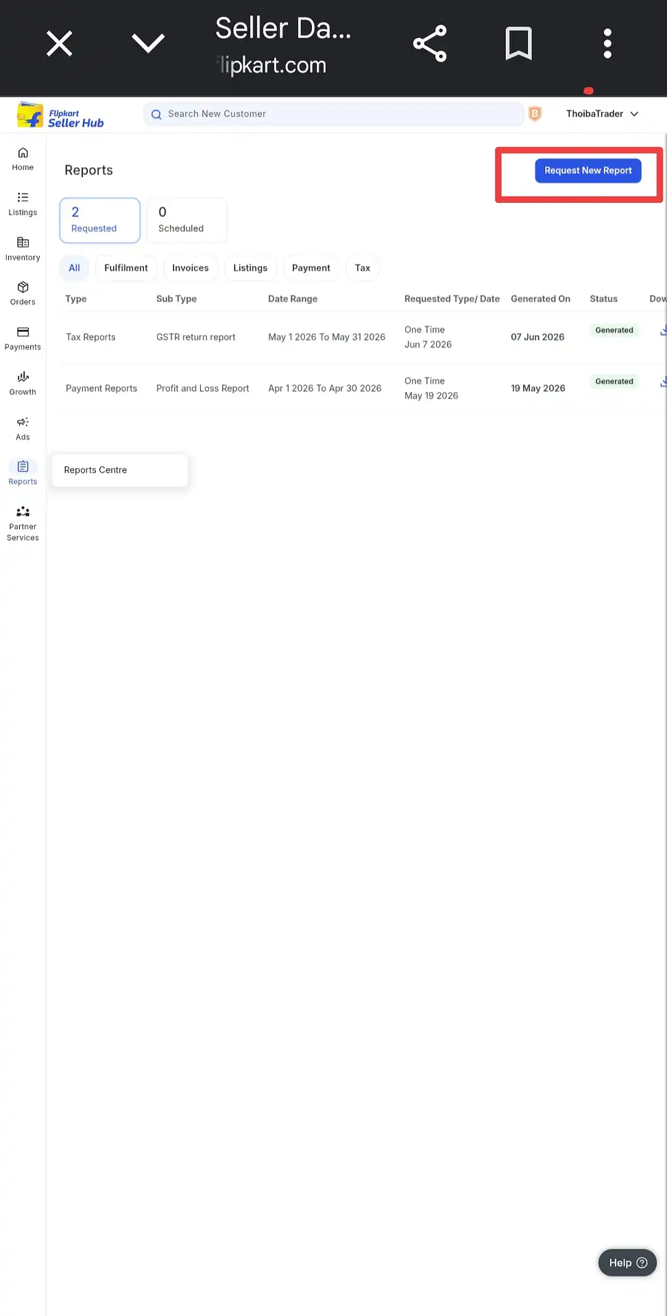 Flipkart Reports page showing the blue Request New Report button highlighted in the top-right corner
