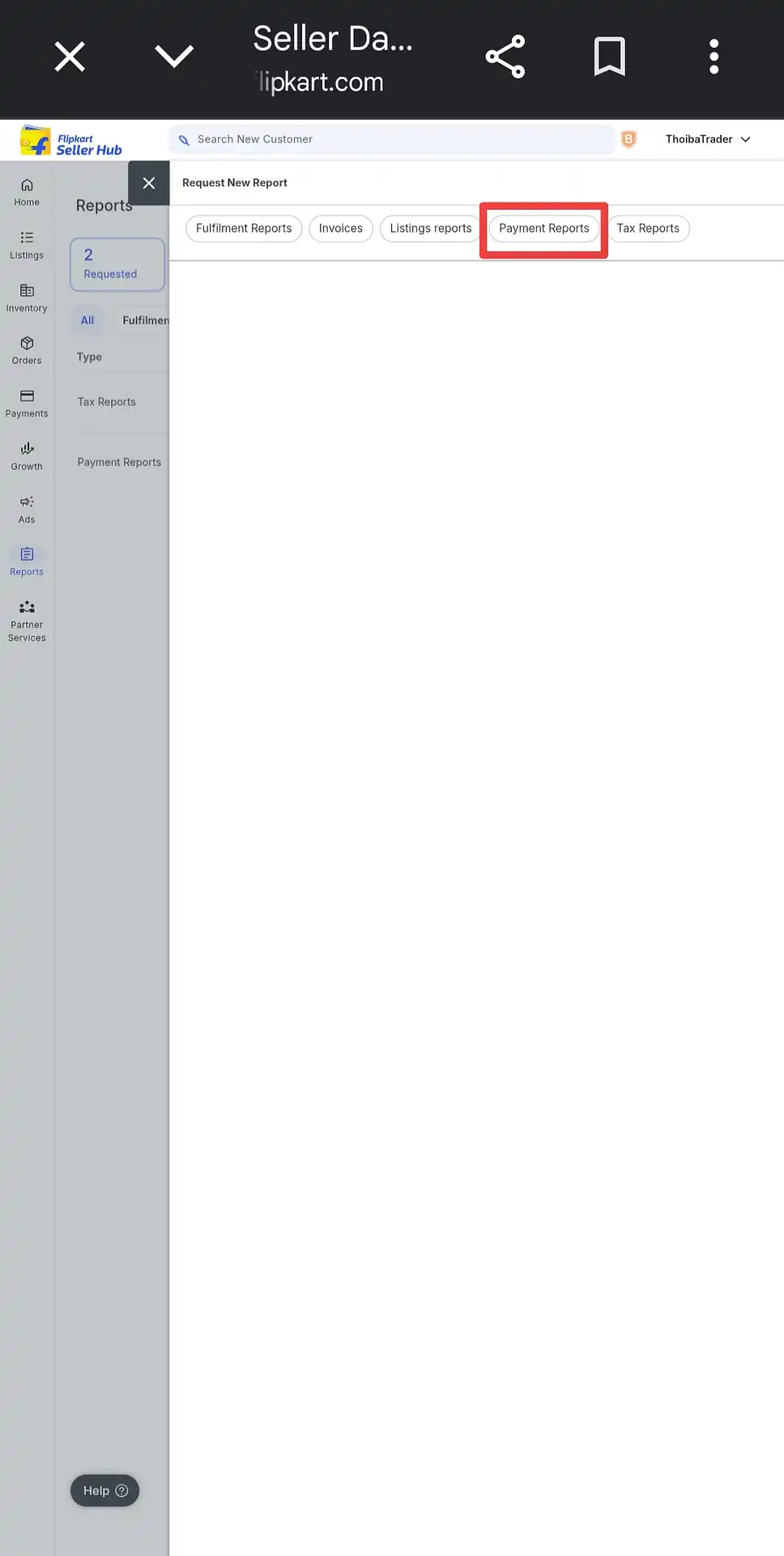 Flipkart Request New Report panel showing the Payment Reports tab highlighted among the category tabs