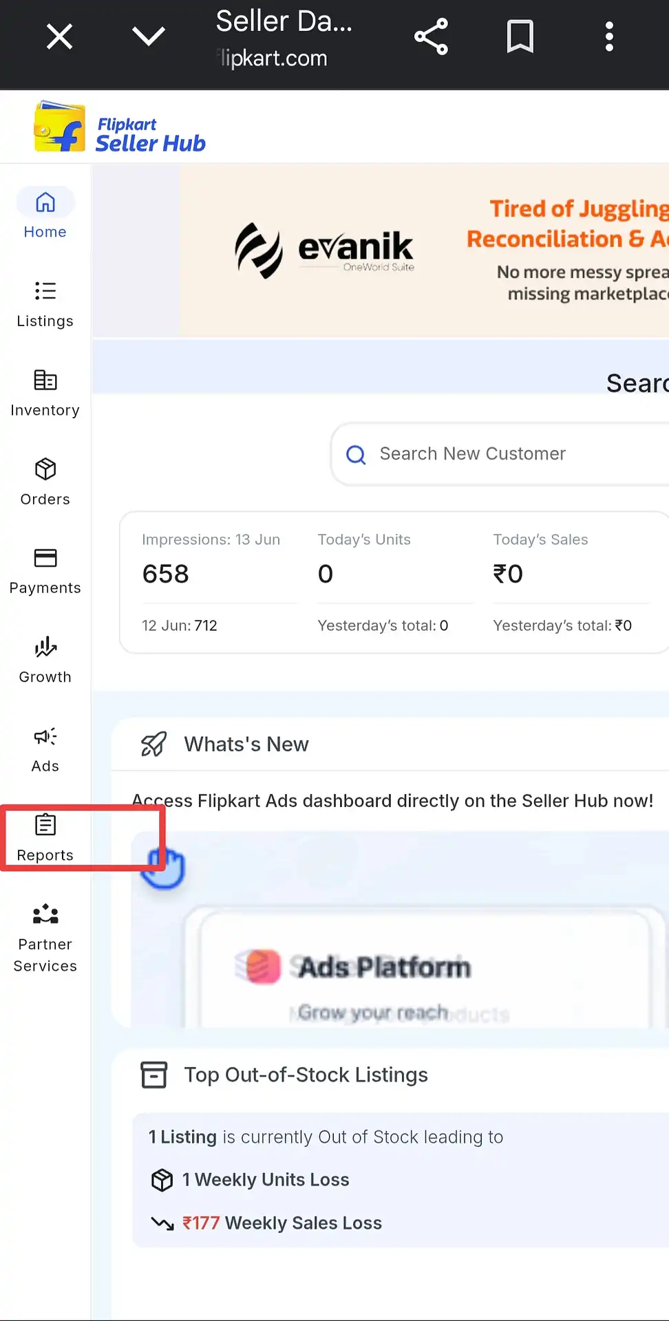 Flipkart Seller Hub left navigation sidebar with the Reports icon highlighted