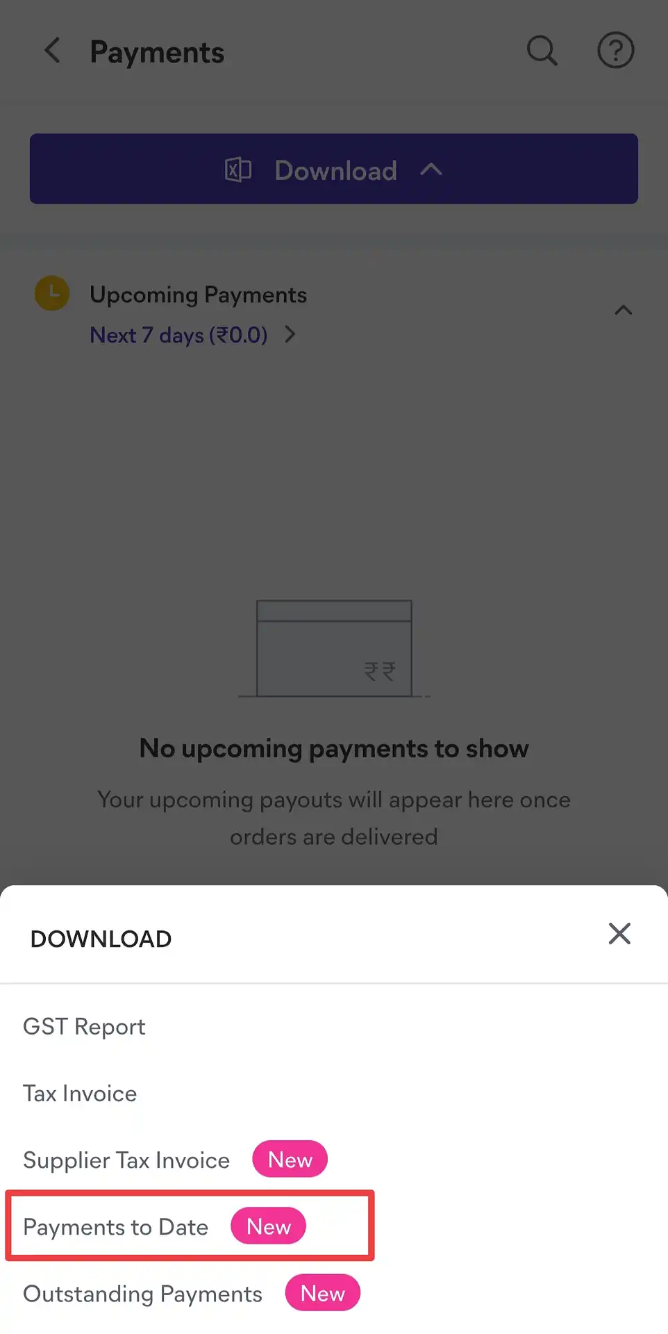 Meesho download report options with Payments to Date highlighted — the correct report for the profit and loss calculator