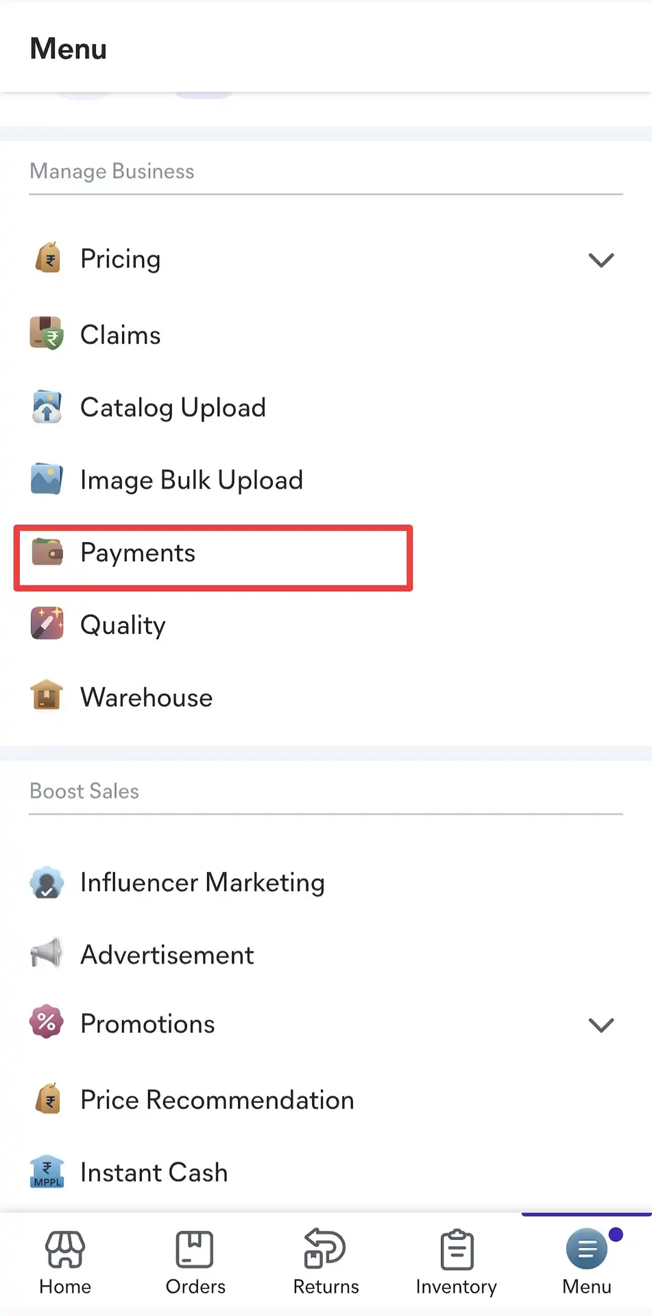 Meesho Supplier Menu showing the Payments option under the Manage Business section