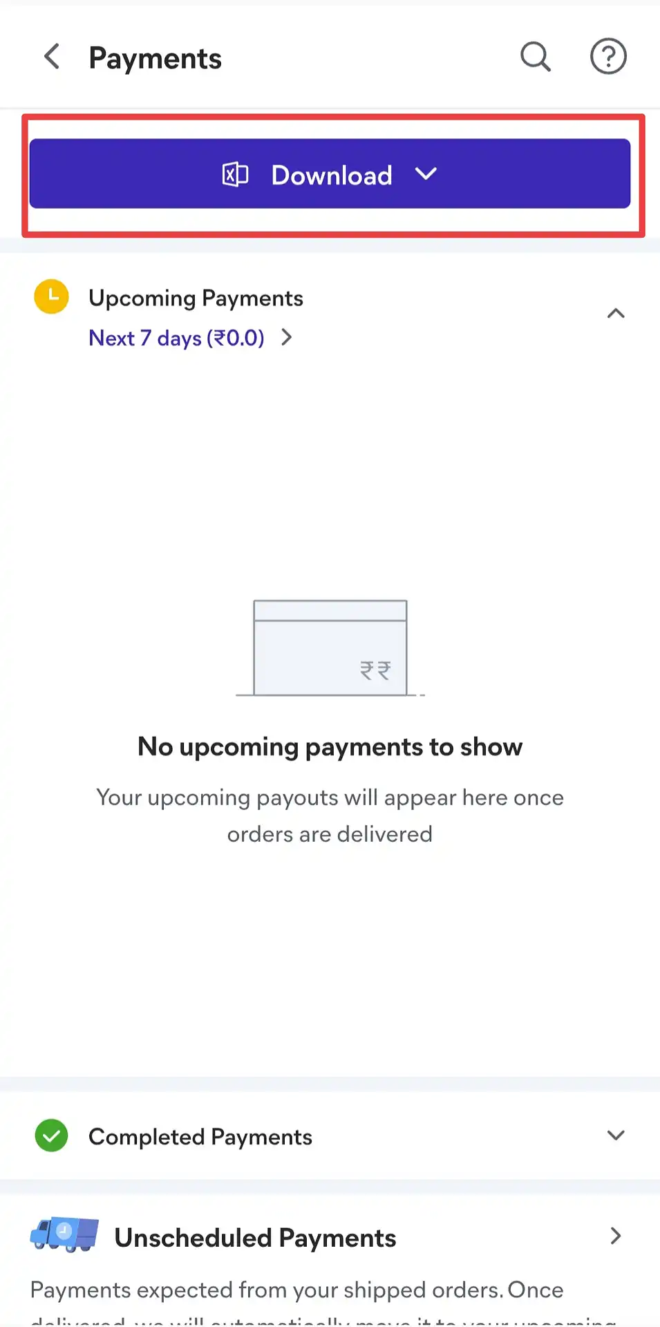 Meesho Payments page with the Download button highlighted at the top of the screen