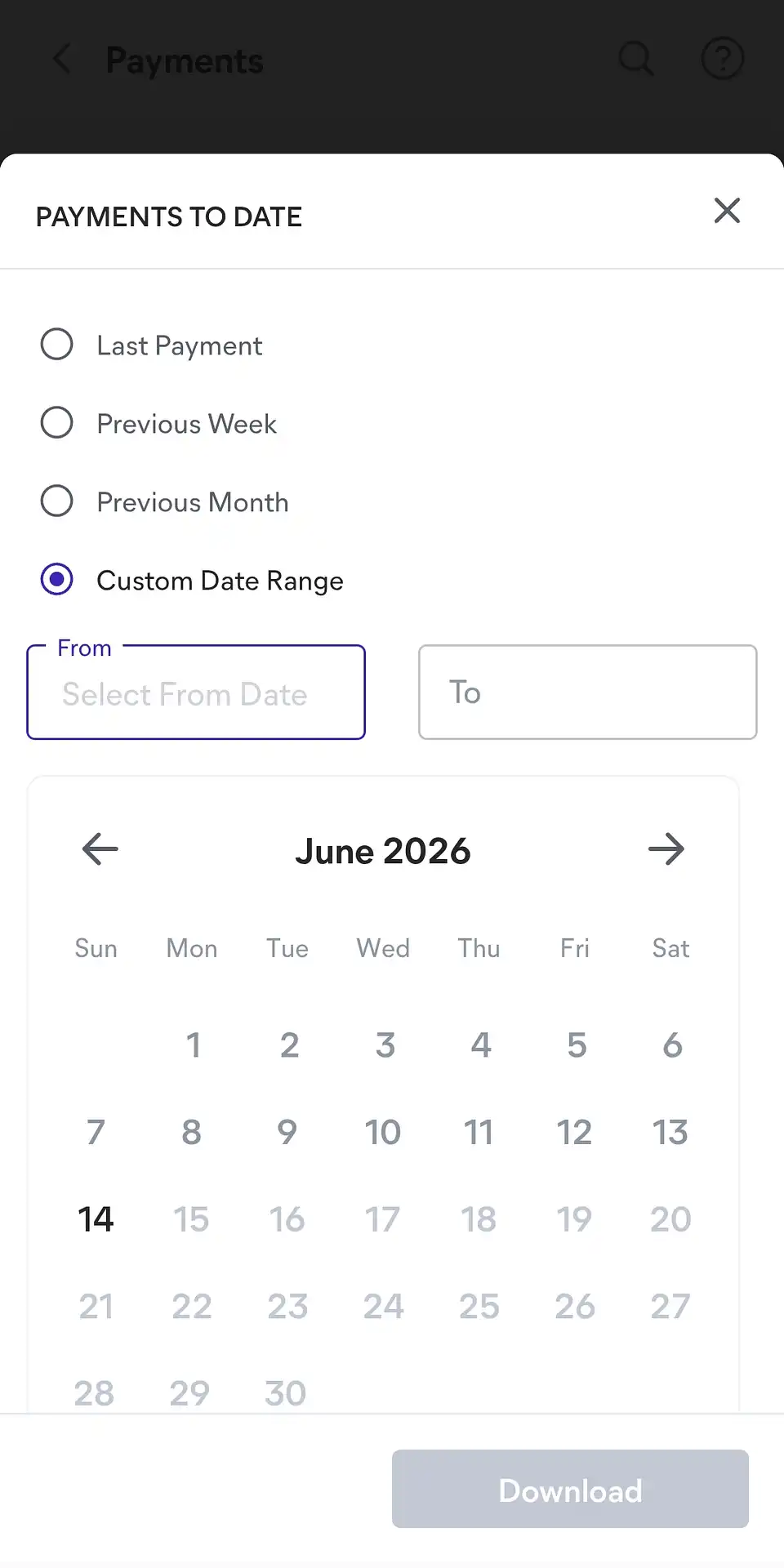 Meesho Payments to Date report screen showing the custom date range selector and download button