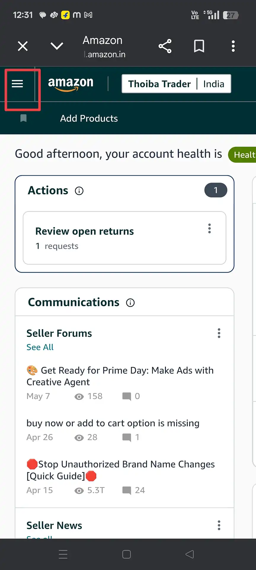 Amazon Seller Central homepage showing hamburger menu icon at top-left