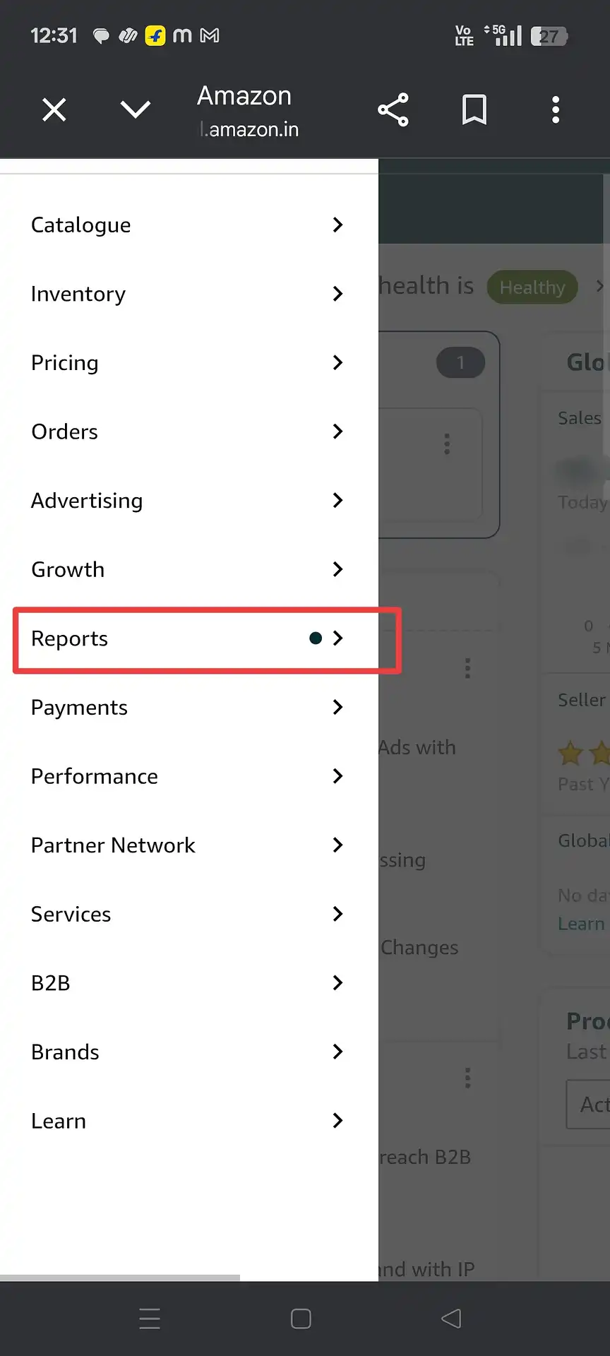 Amazon Seller Central Reports menu in sidebar