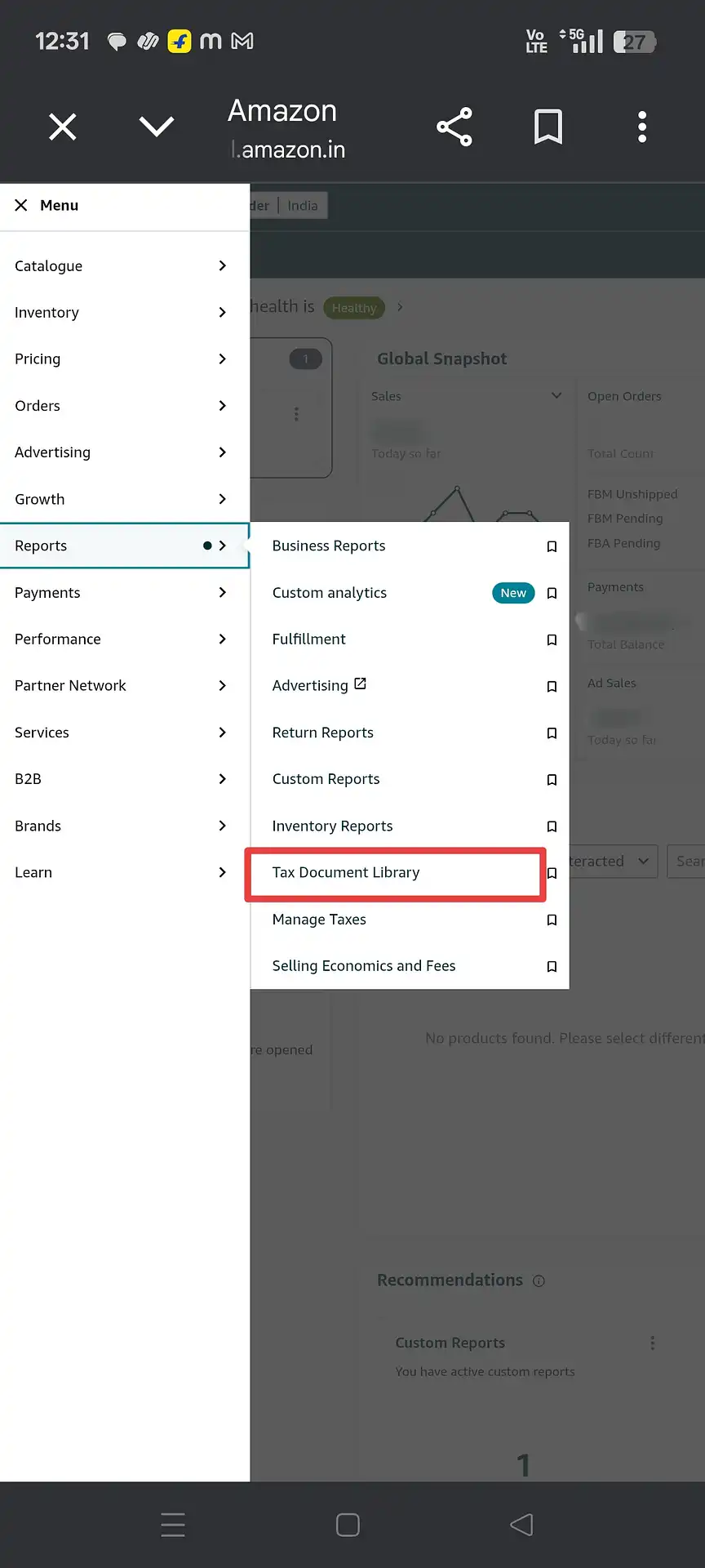 Amazon Reports submenu showing Tax Document Library option