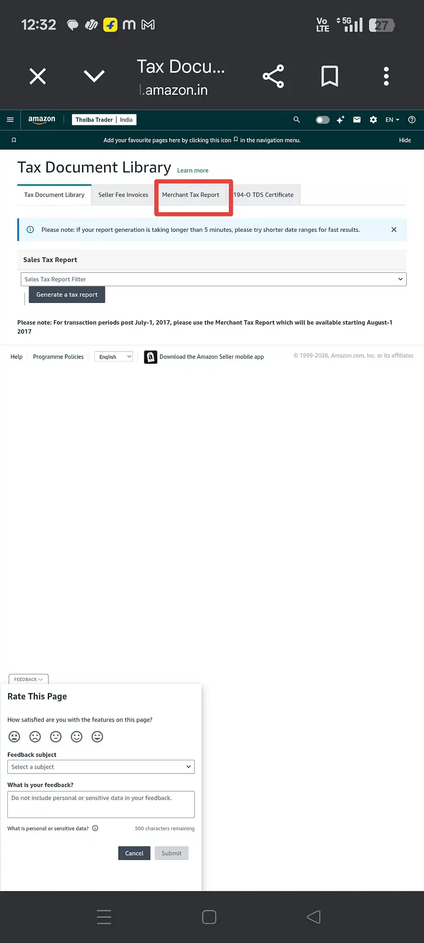 Amazon Tax Document Library showing Merchant Tax Report tab highlighted