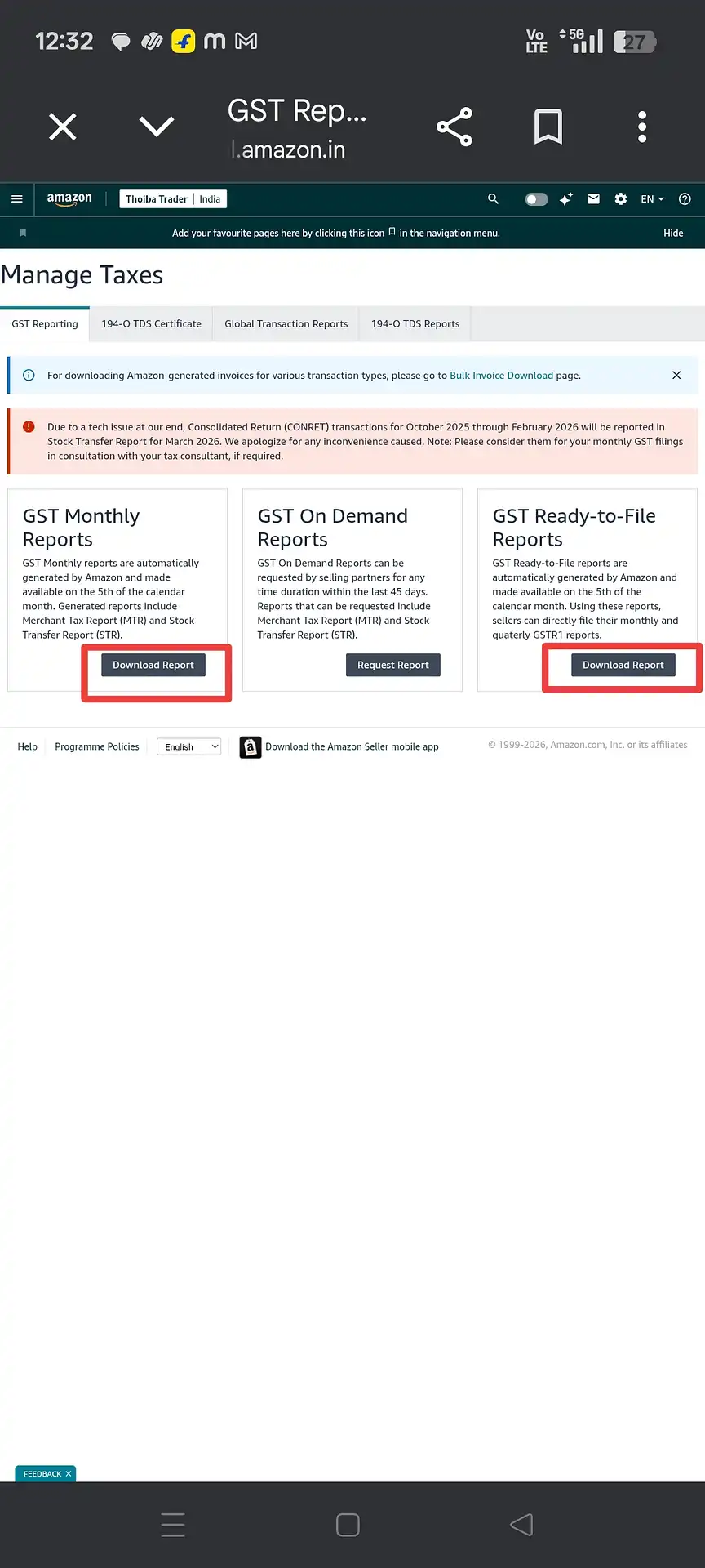 Amazon Manage Taxes GST Reporting page showing three report cards with Download Report buttons highlighted