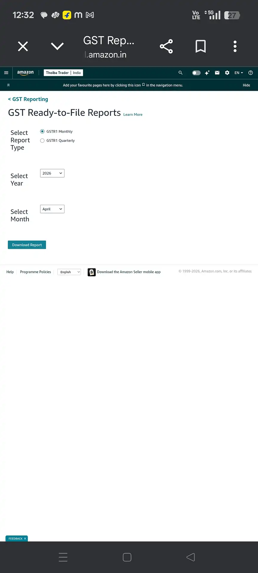 Amazon GST Ready-to-File Reports page showing GSTR1 Monthly selected with year and month dropdowns