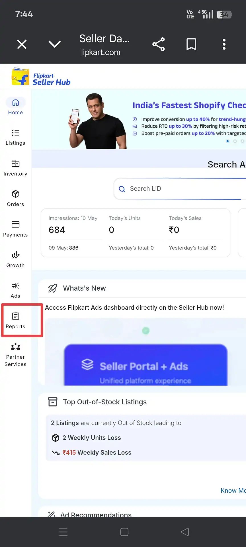 Flipkart Seller Hub dashboard with Reports highlighted in left sidebar