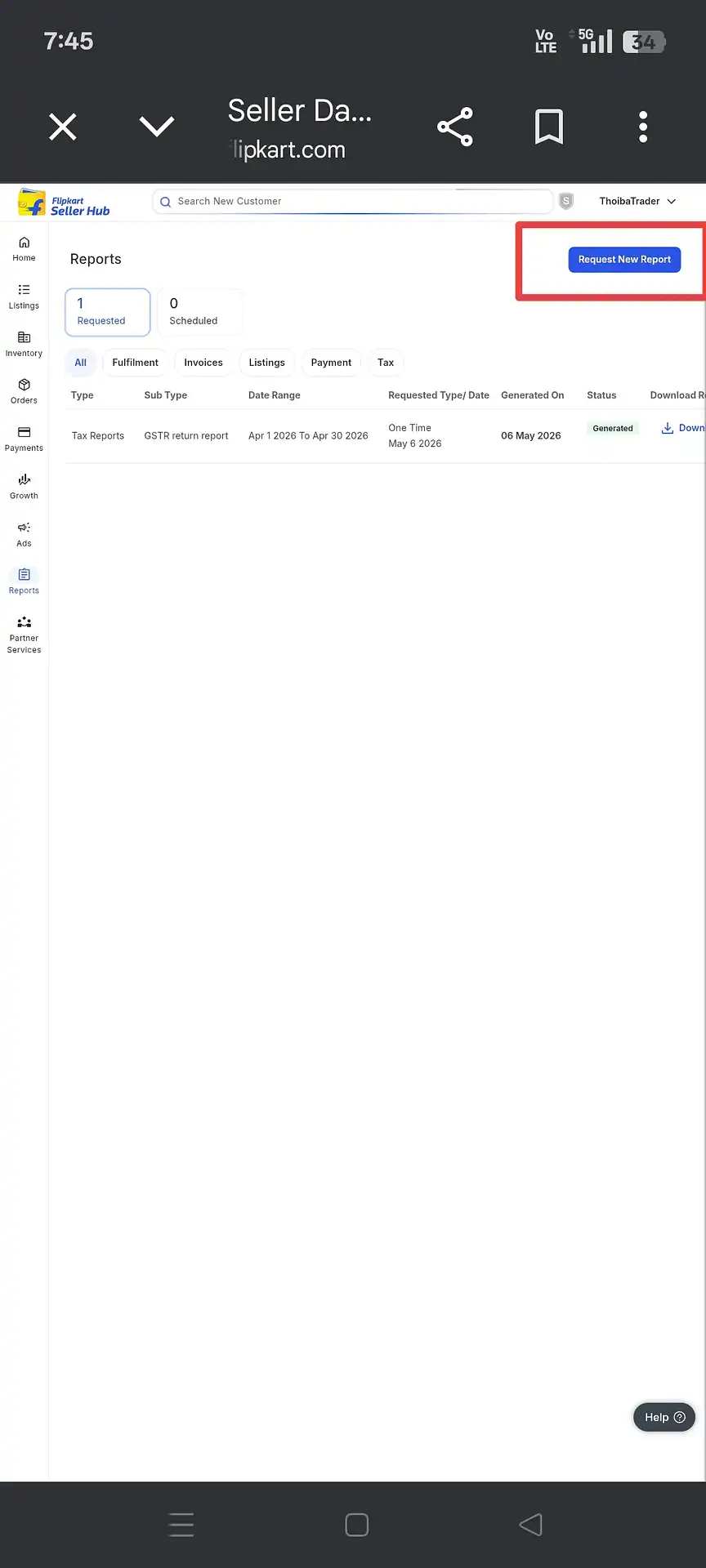 Flipkart Reports page showing Request New Report button highlighted