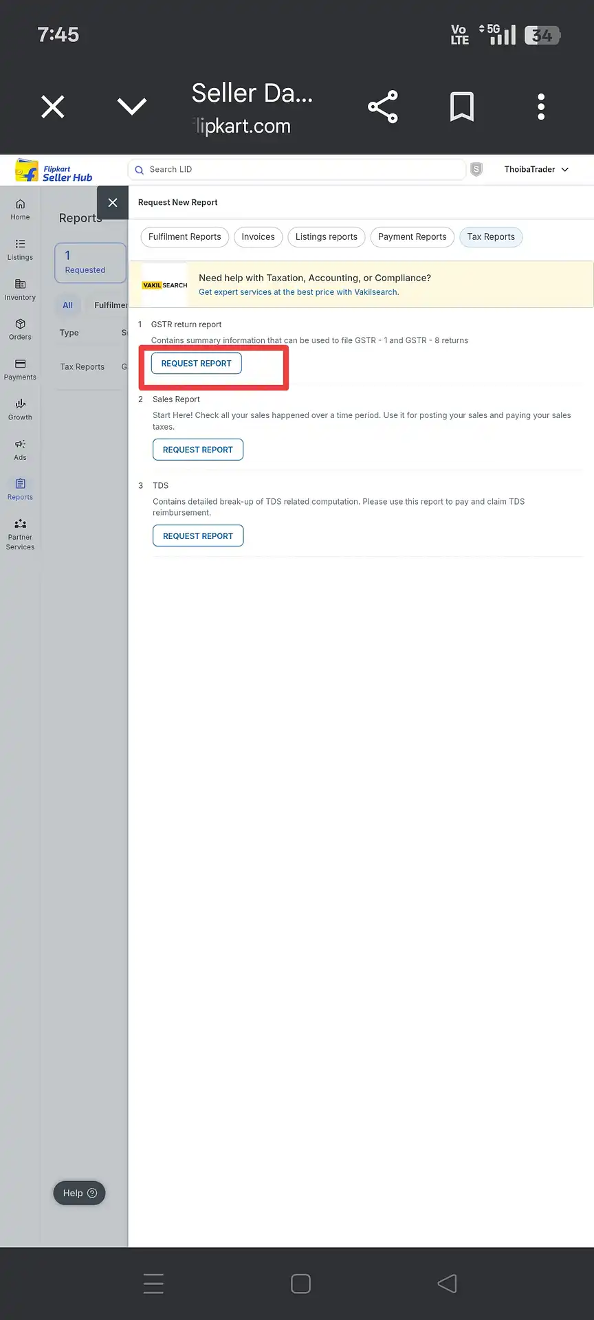 Flipkart Tax Reports showing GSTR return report with Request Report button highlighted