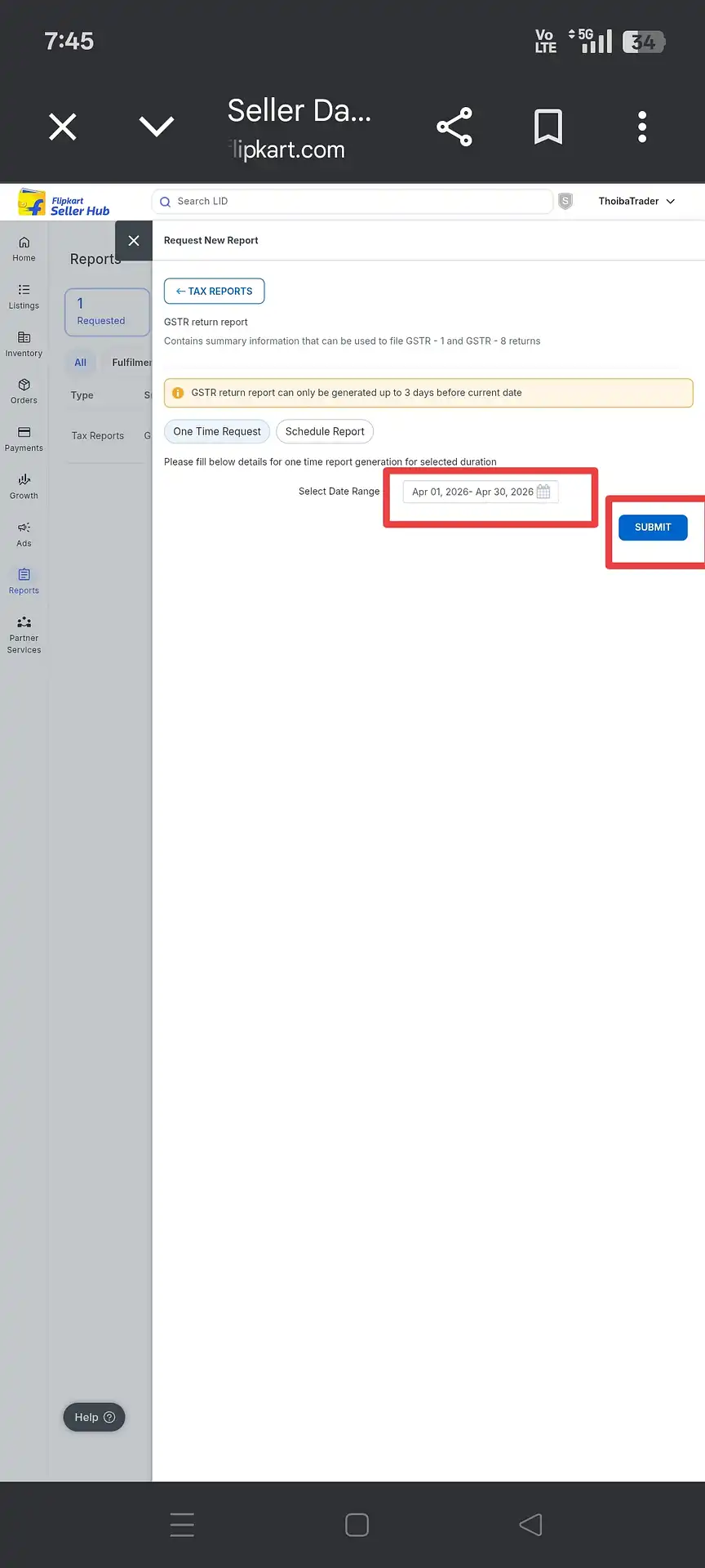 Flipkart GSTR return report form with date range and Submit button highlighted