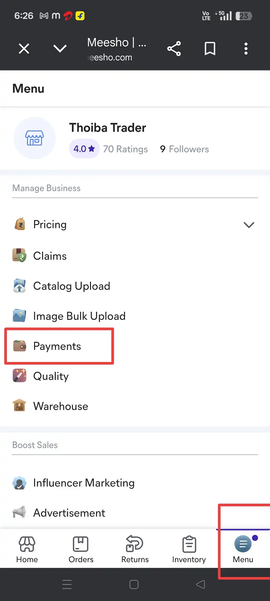 Meesho Supplier Panel menu