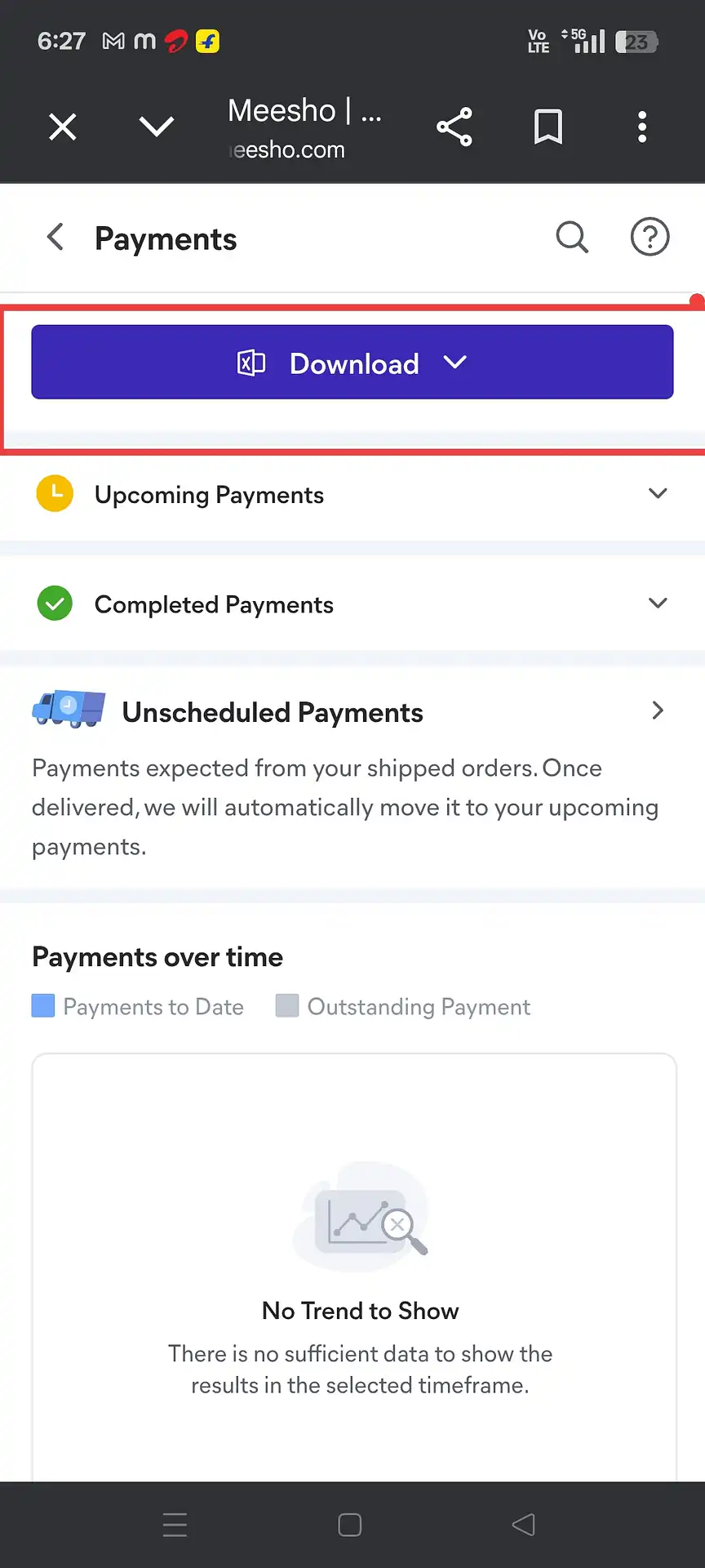 Meesho Payments page Download button