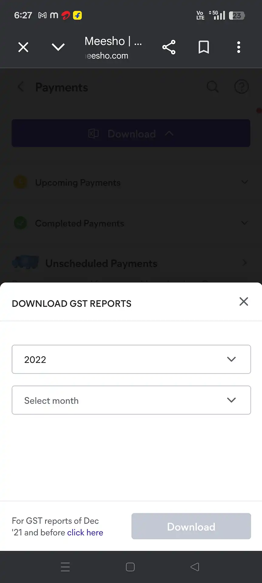 Meesho Download GST Reports dialog